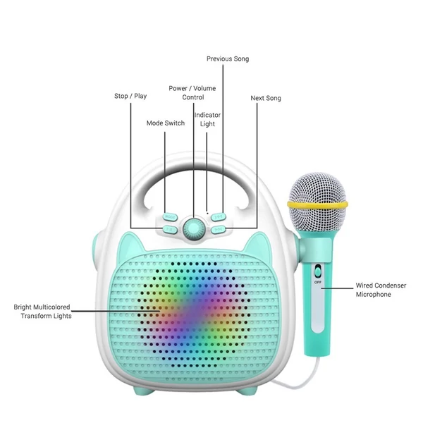 Hordozható újratölthető karaoke hangszóró mikrofonnal BT/memóriakártya/USB csatlakozással, fénnyel - Kék