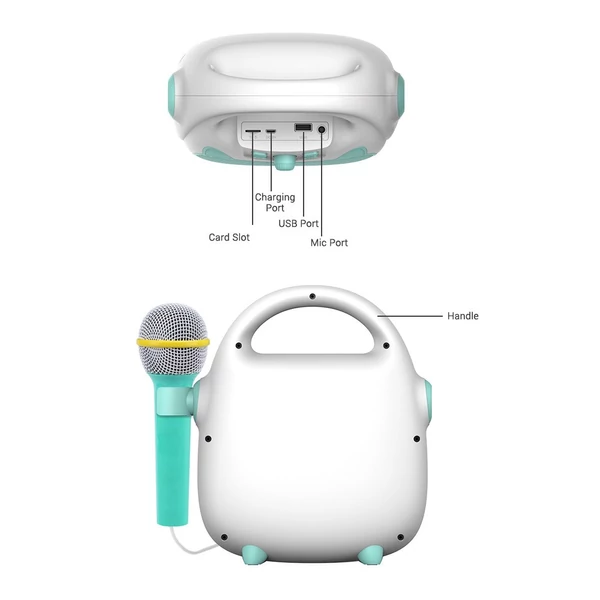 Hordozható újratölthető karaoke hangszóró mikrofonnal BT/memóriakártya/USB csatlakozással, fénnyel - Kék