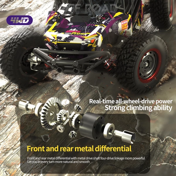 2,4 GHz-es 1/16 70 km/h sebességű távirányító 4WD terepjáró autó - Lila, 2 akkumulátor