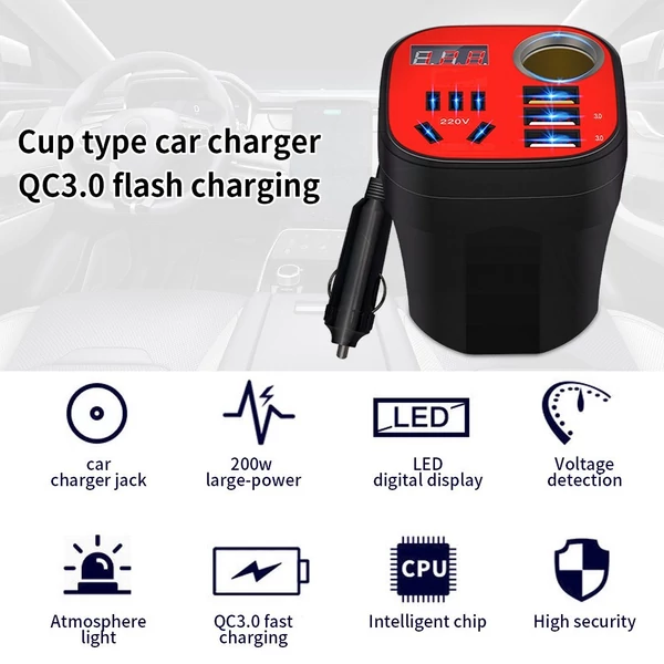 Autóba szerelhető átalakító QC töltő 200 W autós inverter 5 az 1-ben 12v24v-től 220v-ig többfunkciós QC3.0 vaku töltés