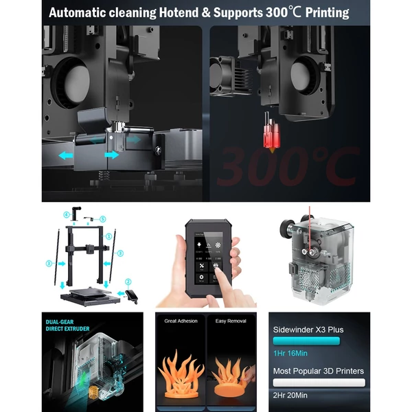 Artillery Sidewinder-X3 Plus 3D nyomtató 300 mm/s sebességű automatikus tisztító fúvókával 300x300x400mm nyomtatási méret