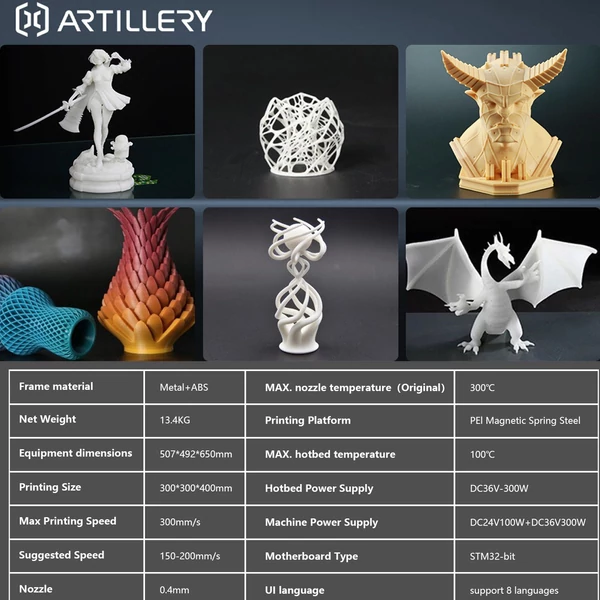 Artillery Sidewinder-X3 Plus 3D nyomtató 300 mm/s sebességű automatikus tisztító fúvókával 300x300x400mm nyomtatási méret