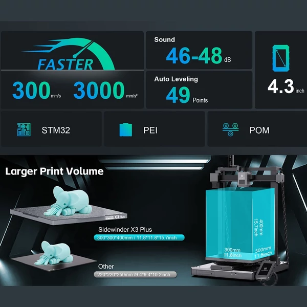 Artillery Sidewinder-X3 Plus 3D nyomtató 300 mm/s sebességű automatikus tisztító fúvókával 300x300x400mm nyomtatási méret
