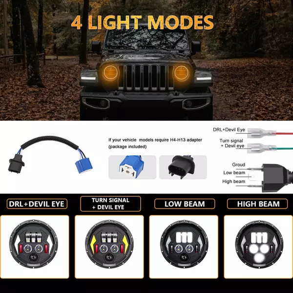 7 hüvelykes autó, motorkerékpár LED-es fényszóró DRL-vel / irányjelzővel / tompított fényszóróval / távolsági fényszóróval Jeep Wrangler JK TJ LJ CJ csere H4-H13 adapterrel (1 db)