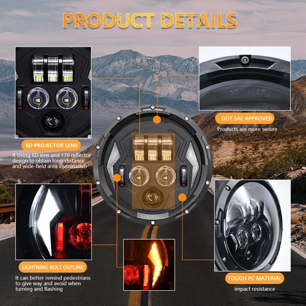 7 hüvelykes autó, motorkerékpár LED-es fényszóró DRL-vel / irányjelzővel / tompított fényszóróval / távolsági fényszóróval Jeep Wrangler JK TJ LJ CJ csere H4-H13 adapterrel (1 db)