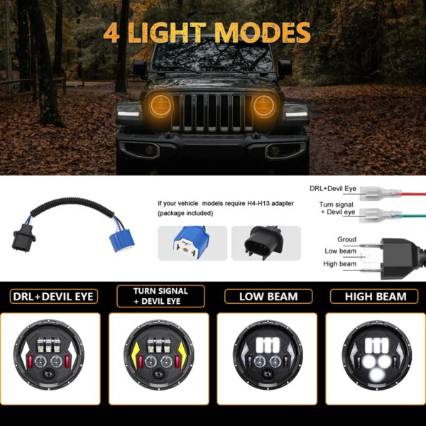 7 hüvelykes autó, motorkerékpár LED-es fényszóró DRL-vel / irányjelzővel / tompított fényszóróval / távolsági fényszóróval Jeep Wrangler JK TJ LJ CJ csere H4-H13 adapterrel (2 db)