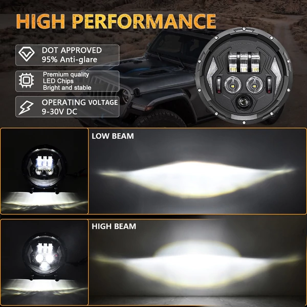 7 hüvelykes autó, motorkerékpár LED-es fényszóró DRL-vel / irányjelzővel / tompított fényszóróval / távolsági fényszóróval Jeep Wrangler JK TJ LJ CJ csere H4-H13 adapterrel (2 db)