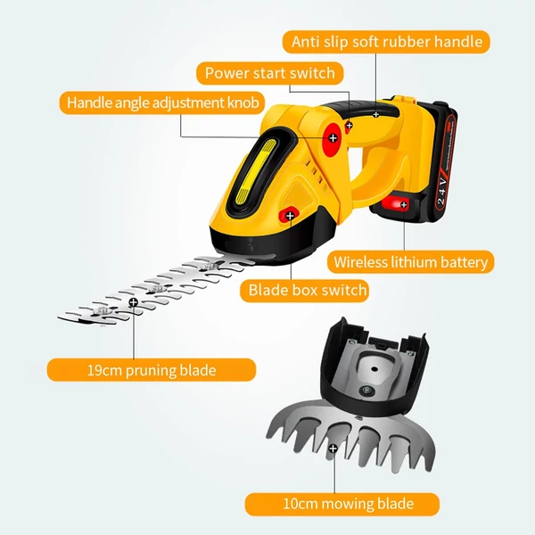 24 V-os elektromos kézi fűnyíró sövényolló újratölthető elemekkel és töltővel kerti pázsithoz