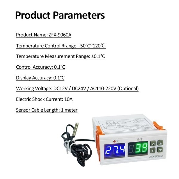 ZFX-9060A 10A intelligens digitális termosztát időzítés fűtés/hűtés/hőmérséklet korrekció/adatzár/magas vagy alacsony hőmérséklet riasztás - DC24V