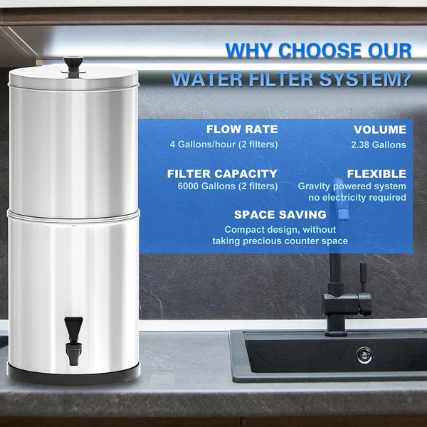 Gravitációs vízszűrő rendszer otthoni szabadtéri kempingezéshez, túrázáshoz, vészhelyzeti felkészüléshez - állvány nélkül