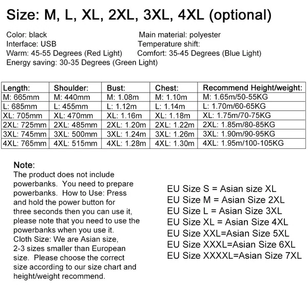 Téli rugalmas elektromos USB fűthető mellény, termál ruházat horgászathoz, túrázáshoz - 4XL méret