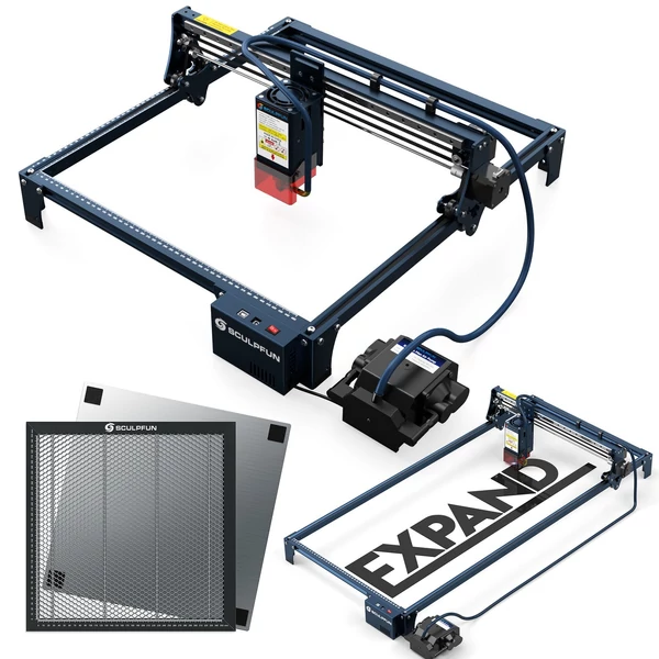 SCULPFUN S30 Pro MAX 20 W lézergravírozó automata levegő-rásegítő rendszerrel és Y-tengely hosszabbító készlettel és lézervágó méhsejt-deszkával