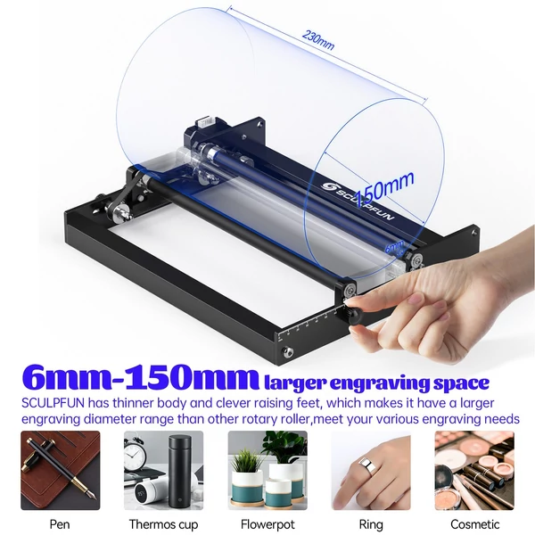 SCULPFUN S30 Pro Max 20 W-os lézergravírozó automatikus levegő-rásegítő rendszerrel és 360 fokban forgatható Y-tengelyű forgóhengerrel