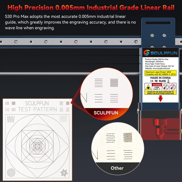 SCULPFUN S30 PRO MAX 20 W-os lézergravírozó automatikus levegő-rásegítő rendszerrel és lézervágó méhsejt-deszkával
