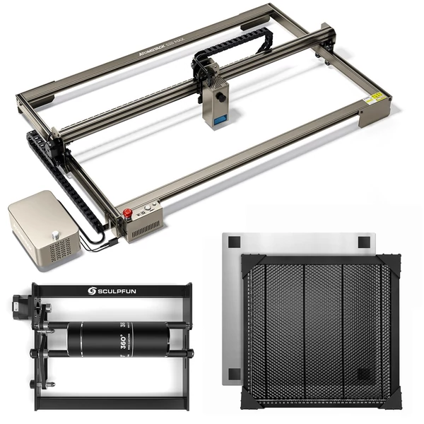 Atomstack S20 Max 20 W lézergravírozó kettős szivattyús levegőrásegítéssel és forgóhengerrel és 400x400 mm-es lézervágó méhsejt-asztallal