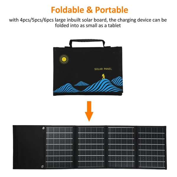 Hordozható napelemes összecsukható táska, kettős USB+DC kimenet és töltő szabadtéri túrázáshoz, hegymászáshoz, kempingezéshez, piknikhez (4 részes 30W)