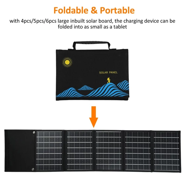 Hordozható napelemes összecsukható táska, kettős USB+DC kimenet és töltő szabadtéri túrázáshoz, hegymászáshoz, kempingezéshez, piknikhez (5 részes 40W)