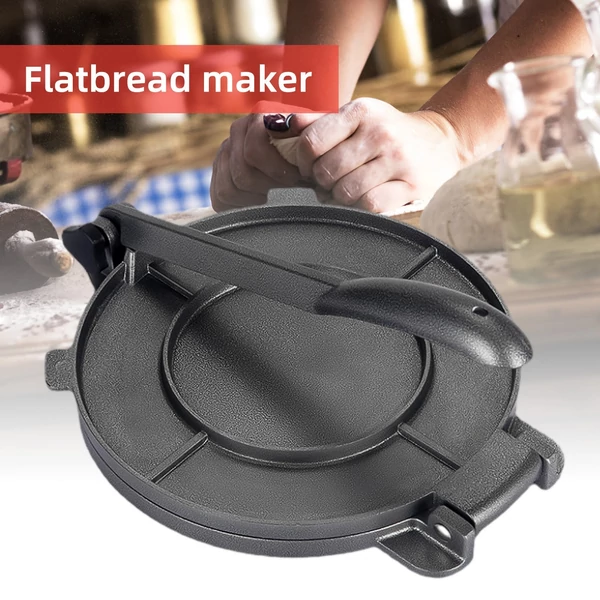 Tortilla Press 8 hüvelykes nagy teherbírású liszt tortilla prés alumínium ötvözet előfűszerezett Roti készítő fogantyúval - Fekete