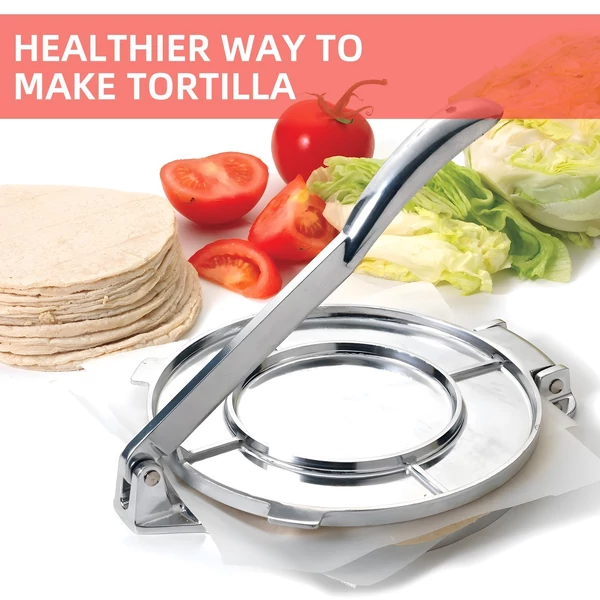Tortilla Press 8 hüvelykes nagy teherbírású liszt tortilla prés alumínium ötvözet előfűszerezett Roti készítő fogantyúval - Ezüst