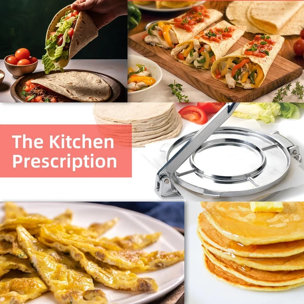 Tortilla Press 8 hüvelykes nagy teherbírású liszt tortilla prés alumínium ötvözet előfűszerezett Roti készítő fogantyúval - Ezüst