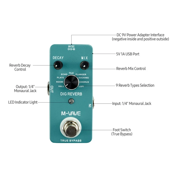 M-VAVE DIG REVERB Digitális visszhang gitár effekt pedál 9 visszhang típusú hanyatlás & Mix vezérlés, valós Bypass, teljes fém burkolat