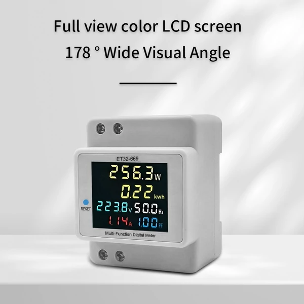 Digitális egyfázisú áramfogyasztási monitor AC40V-300V 100A teljesítmény, feszültség, ampermérő, frekvencia, teljesítménytényező mérő színes LCD képernyővel