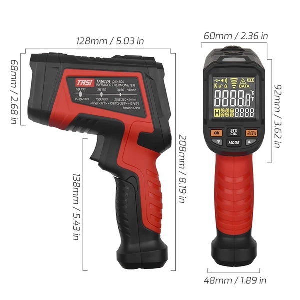 TASI lézeres infravörös érintésmentes digitális hőmérő -32 ℃ ~ 1080 ℃ színes képernyővel és állítható emissziós képességgel, nem emberi testhőmérsékletre - A típus