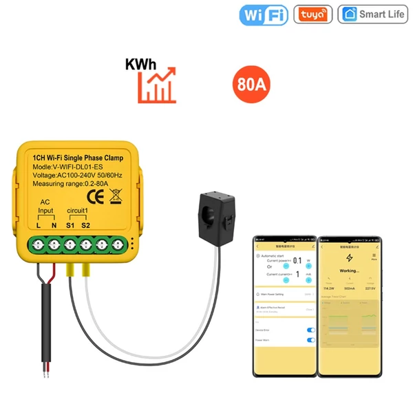 Tuya WiFi 2,4 GHZ intelligens energiamérő, egyfázisú fogyasztásfigyelő 1 bilinccsel