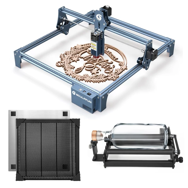 SCULPFUN S9 5W lézergravírozó forgóhengerrel és 400x400mm-es méhsejt munkaasztallal