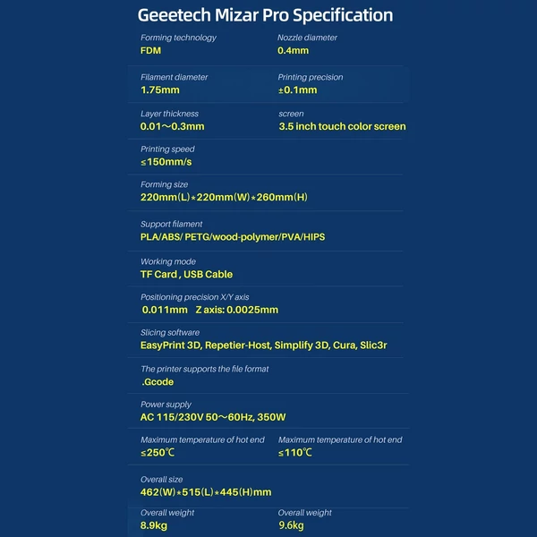 Geeetech Mizar Pro 3D nyomtató kézi és automatikus szintező rendszerrel 32 bites MCU FDM