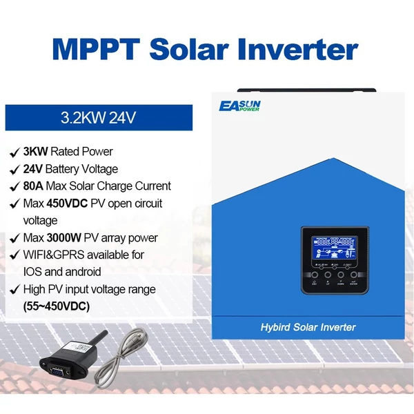 Multifunkcionális szolár inverter otthoni napelemes rendszerhez, tiszta szinuszos MTTP töltővezérlő, akkumulátortöltő - 2,2kW