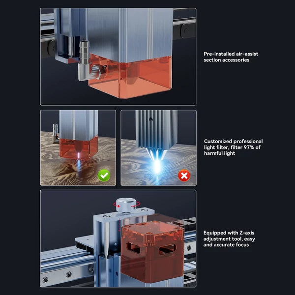 Atomstack Maker A10 V2 10 W lézergravírozó forgó görgővel és 8 db magasított lábpárnával és 400x400 mm-es méhsejt munkaasztallal