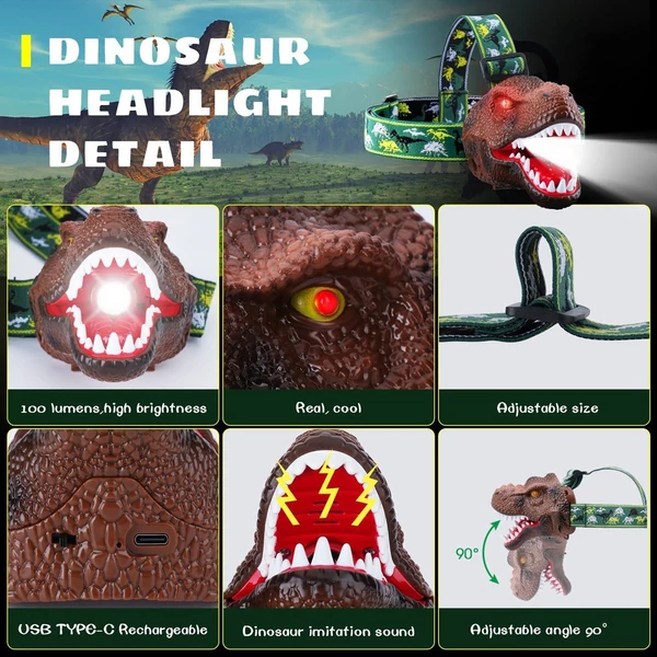 LED-es dinoszaurusz fejlámpa gyerekeknek állítható fejpánttal, USB töltéssel fiúknak, lányoknak, felnőtteknek