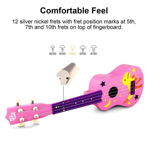 MU2110 21 hüvelykes gyerek Ukulele 12-es fogólappal és tartós fehér nylon húrokkal, teljes fa hordótesttel, 1 csákóval - Pink