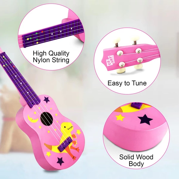 MU2110 21 hüvelykes gyerek Ukulele 12-es fogólappal és tartós fehér nylon húrokkal, teljes fa hordótesttel, 1 csákóval - Pink