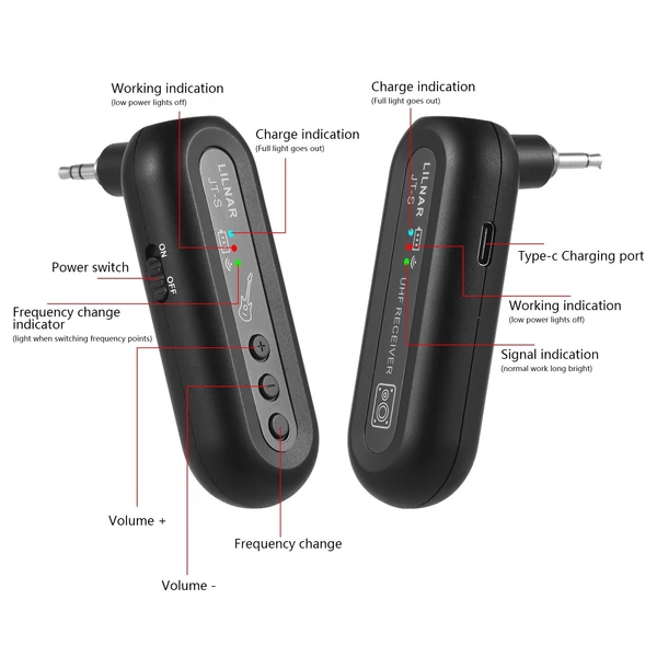 JT-S vezeték nélküli gitárrendszer újratölthető 6,35 mm-es és 3,5 mm-es kettős dugós gitár adóvevő készlet