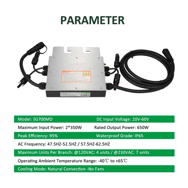 700 W-os napelemes rácscsatlakozó mikroinverter DC-AC Vízálló IP65 MPPT DC20-60V PV bemenet AC80V-160V / 180V-280V kimenet