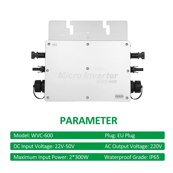 WVC-600 napelemes rácsos mikroinverter, 600 W-os vízálló IP65 MPPT DC22-50V PV bemenet AC220V kimenet, EU csatlakozó