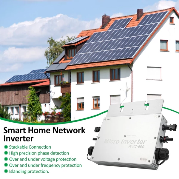 WVC-600 napelemes rácsos mikroinverter, 600 W-os vízálló IP65 MPPT DC22-50V PV bemenet AC220V kimenet, EU csatlakozó