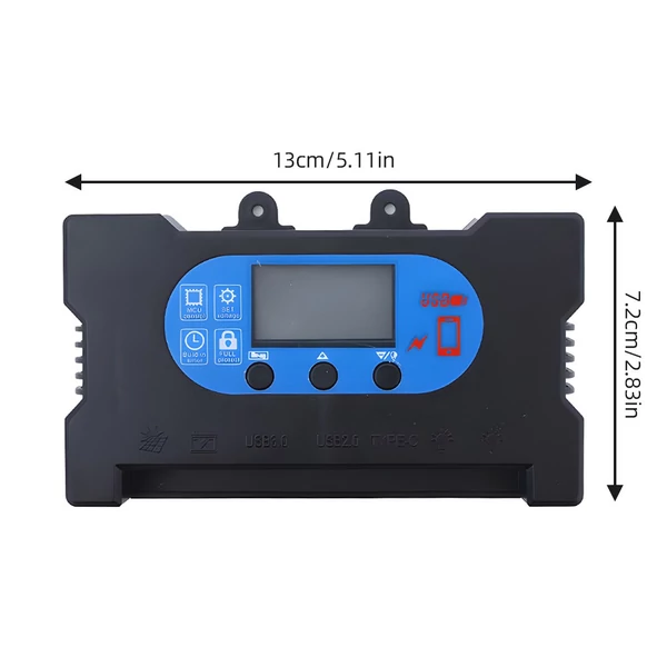 Napelemes töltésvezérlő 12V/24V intelligens szabályozó kettős USB / Type-C porttal, OLED kijelzővel, PWM - Fekete, 30A