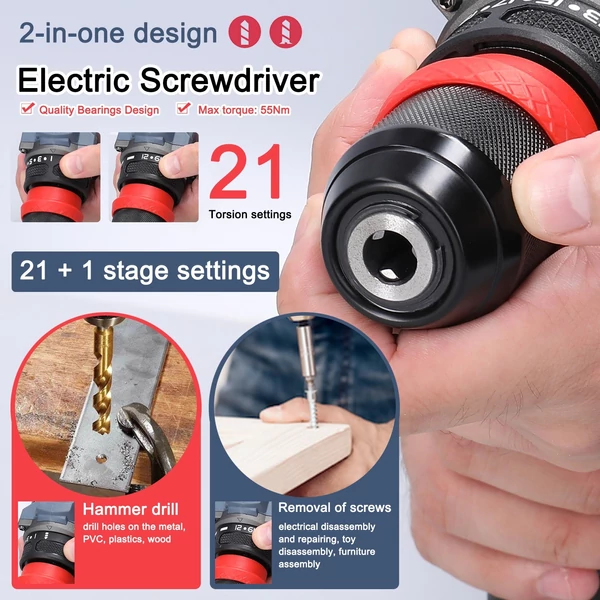 21 V 2 az 1-ben lítium fúró elektromos csavarhúzó 55 Nm nyomatékú kefe nélküli motor (2 akkumulátor)