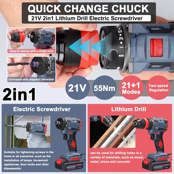21 V 2 az 1-ben lítium fúró elektromos csavarhúzó 55 Nm nyomatékú kefe nélküli motor (akkumulátor nélkül)