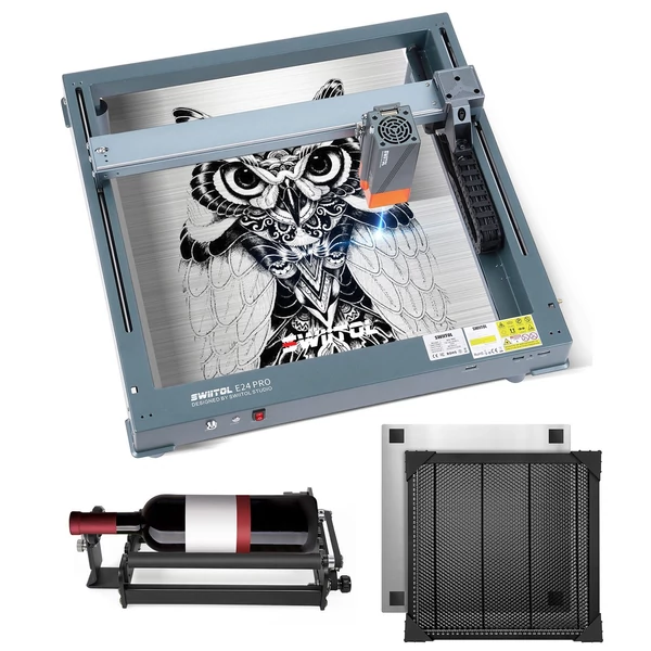 Swiitol E24 Pro 24W integrált szerkezetű lézergravírozó hengerrel és 400x400 mm-es méhsejt munkaasztallal