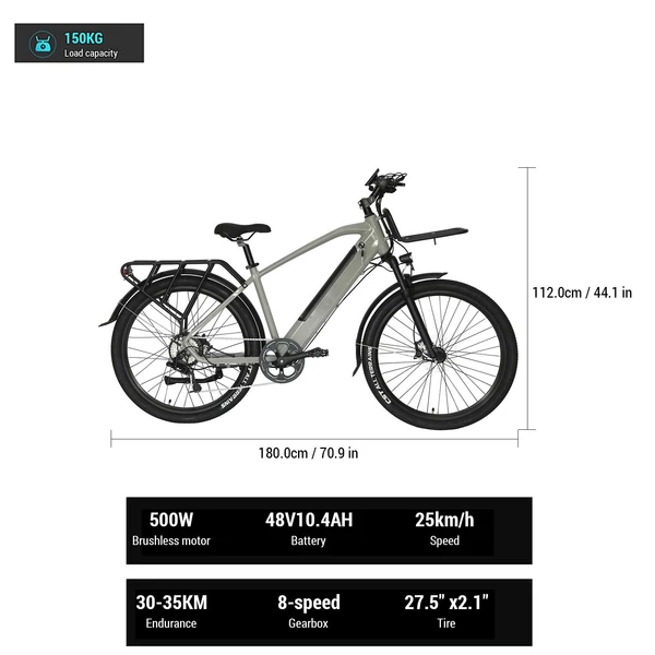 27,5 hüvelykes városi ingázó elektromos kerékpár 500W motor 48V10.4AH akkumulátor 30-35KM tisztán elektromos hatótáv