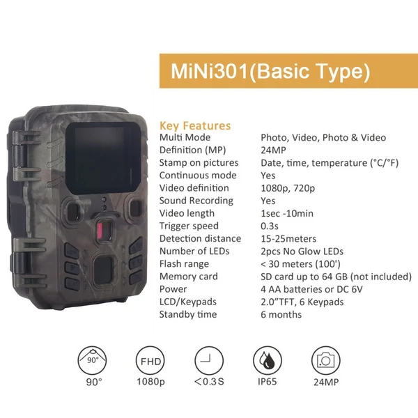 Mini 24MP 1080P infravörös LED mozgásaktivált éjszakai látás vadászösvény kamera 0.3S Trigger sebességű vízálló (WiFi verzió)