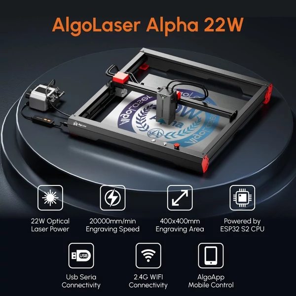 Algolaser Alpha 22W lézergravírozó automatikus légszivattyúval, 20000 mm/perc sebességgel