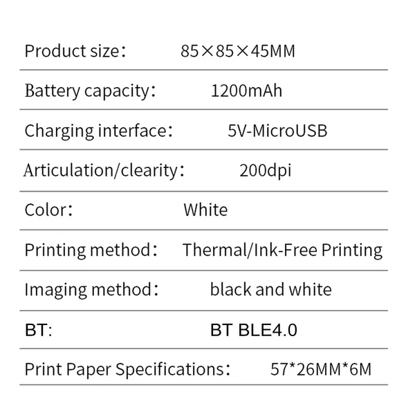 Hordozható mini matrica hőnyomtató gép, tinta nélküli, BT vezeték nélküli, iOS/Android rendszerrel kompatibilis - Fehér+ 5 db Hőpapír + 5 db Matrica + 3 db Színes papír