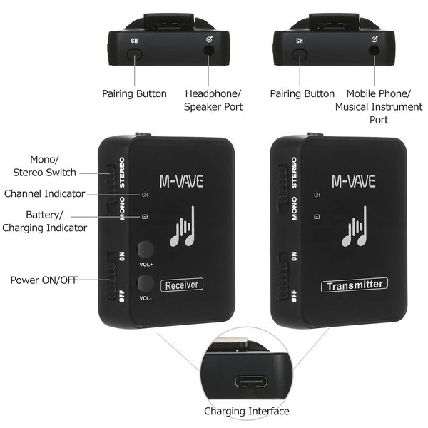 M-VAVE WP-10 2,4 GHz-es újratölthető adó + 5 db vevő