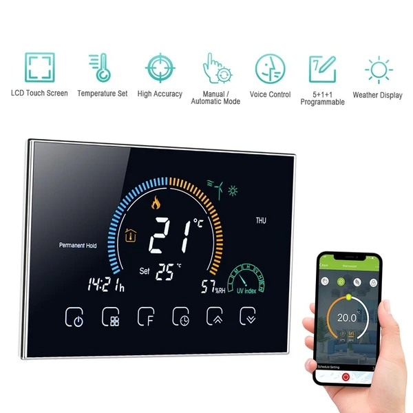 Intelligens programozható termosztát 5+1+1 hat periódusos hangalkalmazás vezérlés háttérvilágítás LCD víz-/gázkazán fűtés (95-240V) - Fekete, Wi-Fi -vel