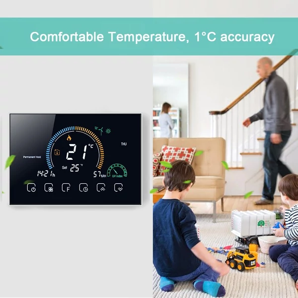 Intelligens programozható termosztát 5+1+1 hat periódusos hangalkalmazás vezérlés háttérvilágítás LCD víz-/gázkazán fűtés (95-240V) - Fekete, Wi-Fi -vel